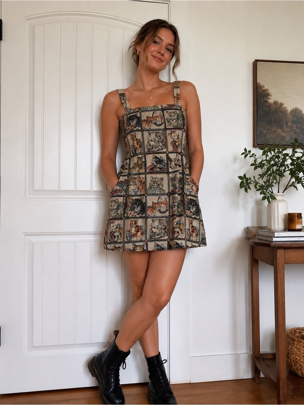 Cider Beige Cat-Panel Mini Dress